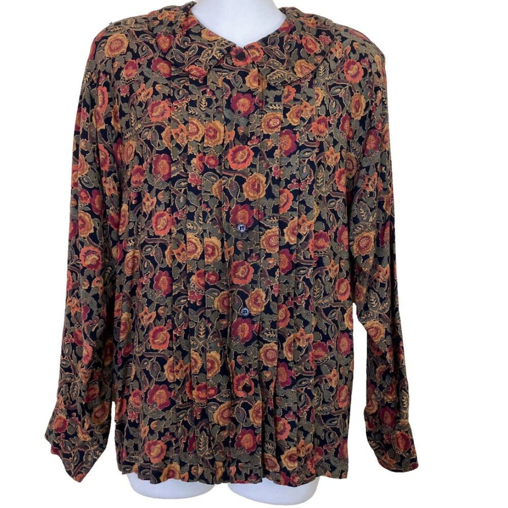 Poet Collar Pleated Shirt Long Sleeve Autumn Floral Button Front Top Vintage 90s